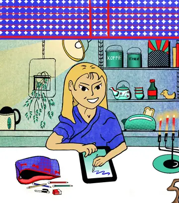 Loeka at her kitchen table, drawing, in her self-portrait: