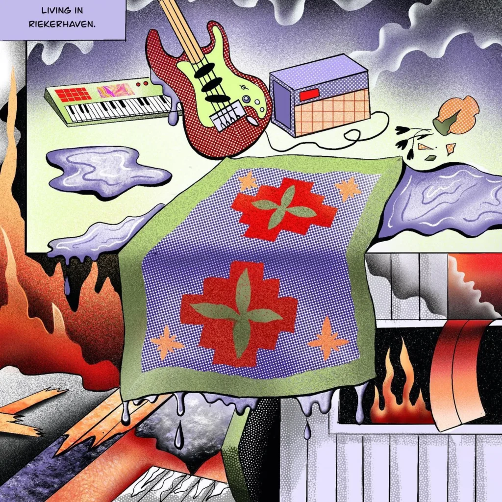 Comic page ‘Living in Riekerhaven’: a bass guitar, keyboard and amp above a patterned blanket, walls melting, fire burning.