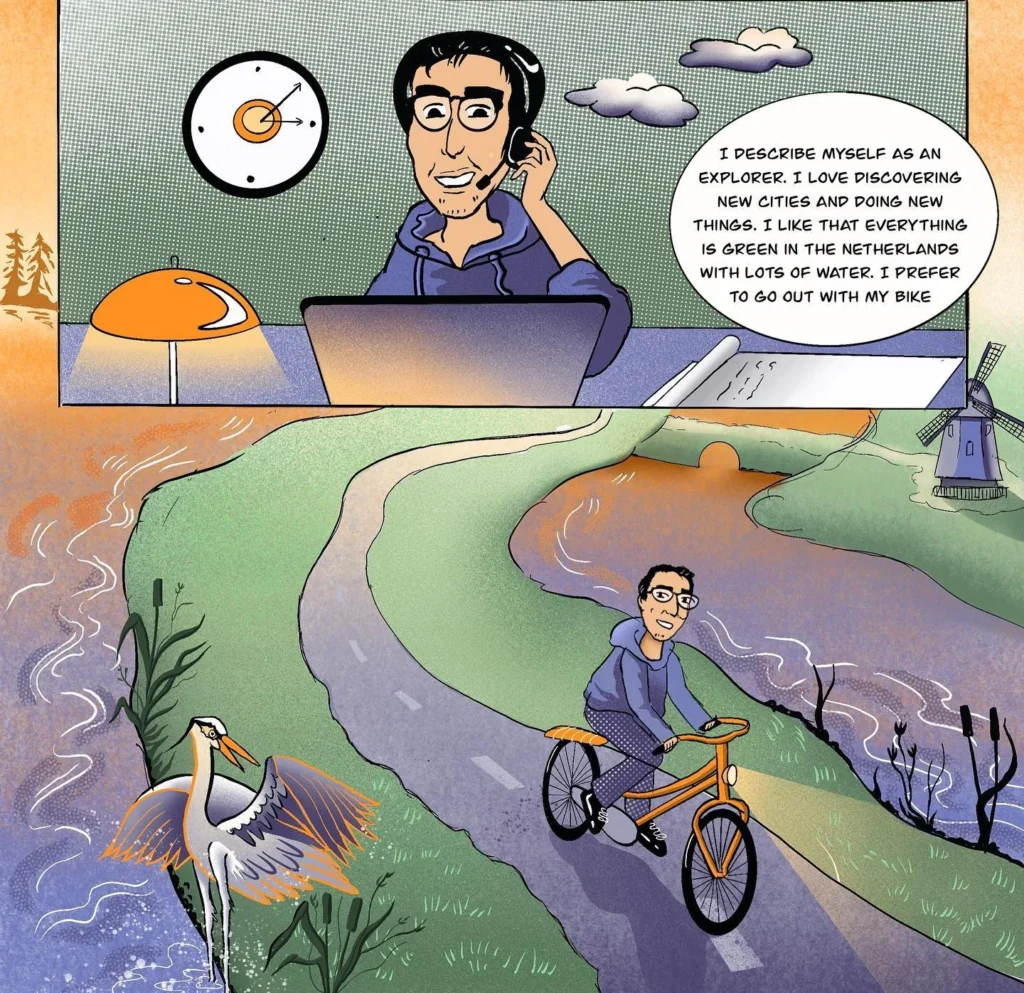 Comic page: a man in glasses and a headset talks at his laptop, then cycles an orange bike along a dike past a heron.