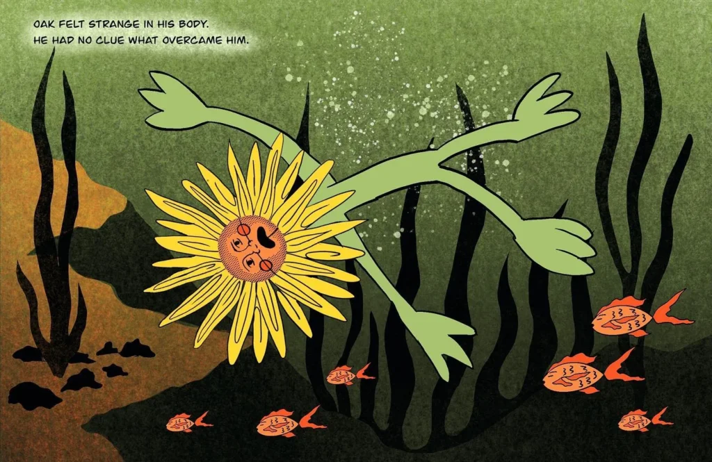 Comic panel: Oak, a man trapped in a sunflower, tumbles through murky green water among black seaweed and orange fish.