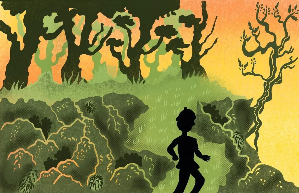 Comic panel: Oak, a small black silhouette, walks a green path through a forest of knotted trees under an orange sky.