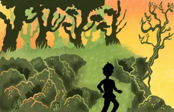Comic panel: Oak, a small black silhouette, walks a green path through a forest of knotted trees under an orange sky.