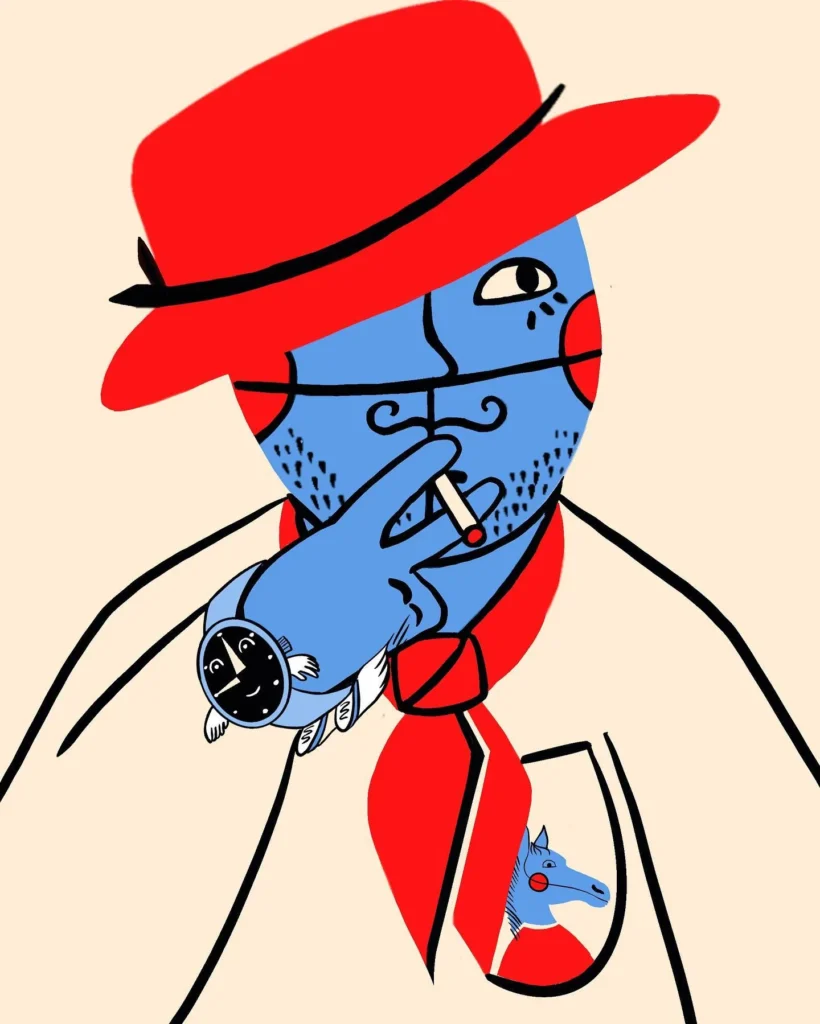 A blue-faced man in a red hat and neckerchief smokes; a smiling winged watch on his wrist, a tiny blue horse in his jacket.