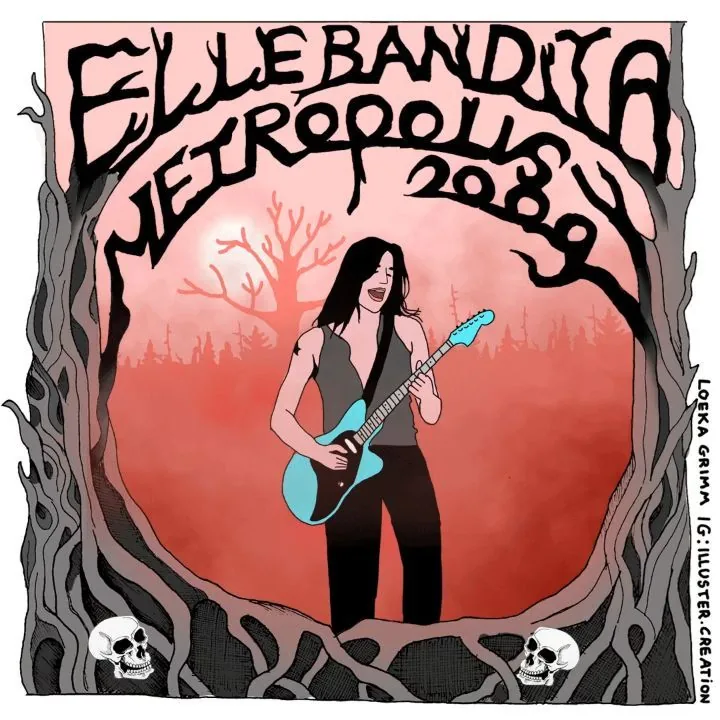 Poster frame: a long-haired guitarist sings with a turquoise guitar in red mist, framed by twisted roots and two skulls.
