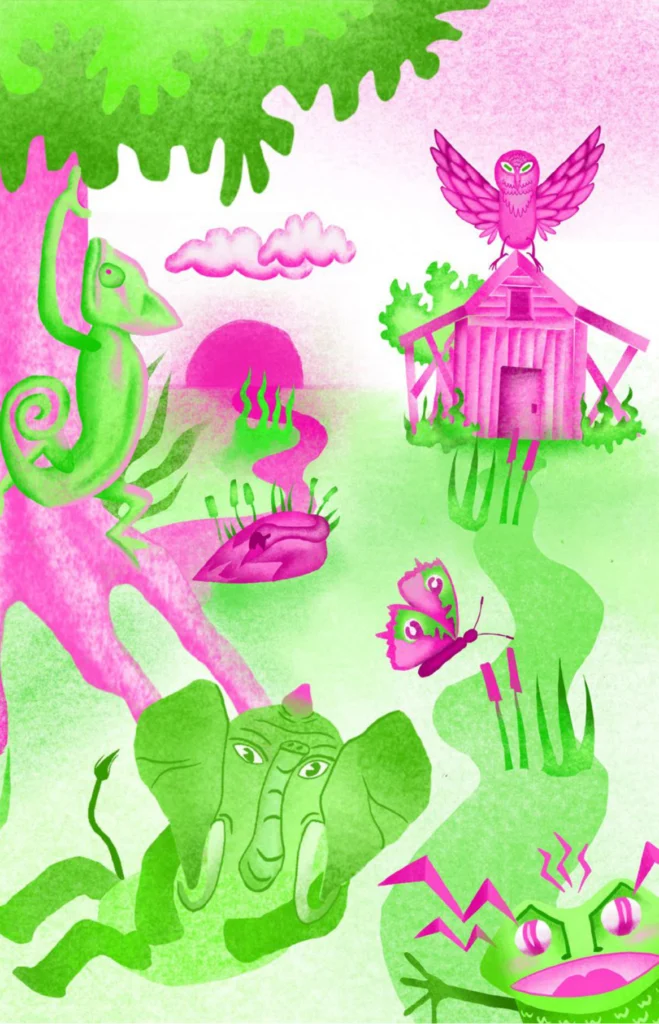 Book cover in pink and green: a chameleon, an elephant, an owl on a stilt house, a frog and a butterfly in a misty forest.