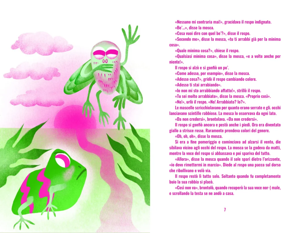 Spread in pink and green: an angry toad on a pink path beside a column of Italian text, a frog peering up below.