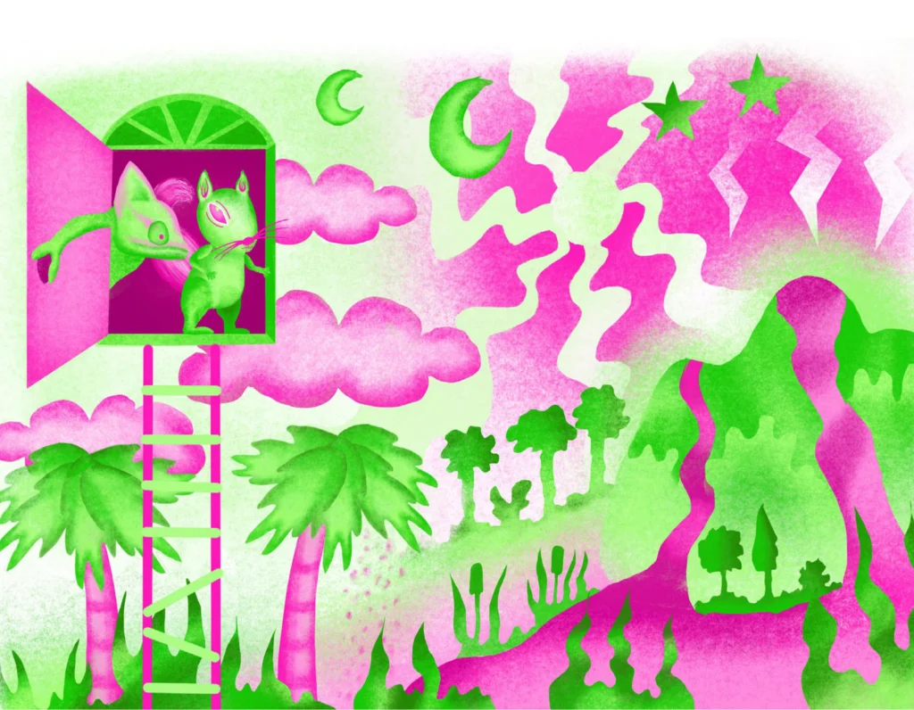 Double-page illustration: a squirrel looks out of a tree-house window over a pink and green jungle under a crescent moon.