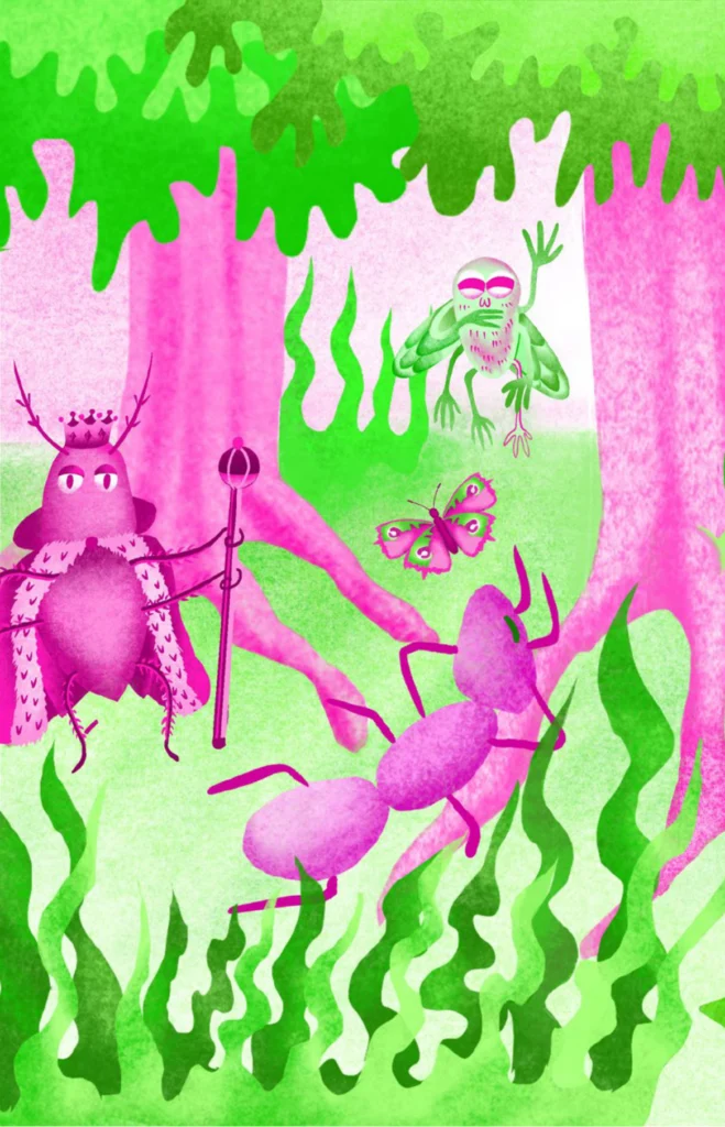 Back cover: a crowned beetle with a sceptre and an ant in a pink and green forest, a frog behind them.