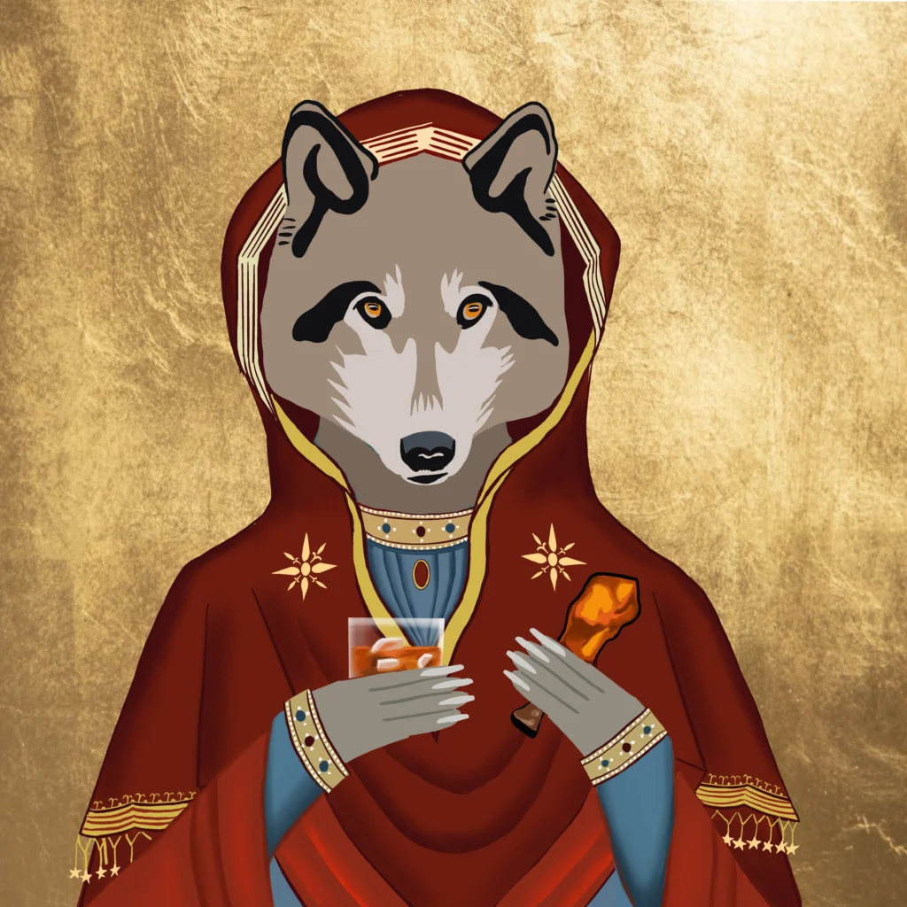 Icon-style portrait on gold: a grey wolf in a red hooded mantle holds a drink on the rocks and a fried chicken drumstick.