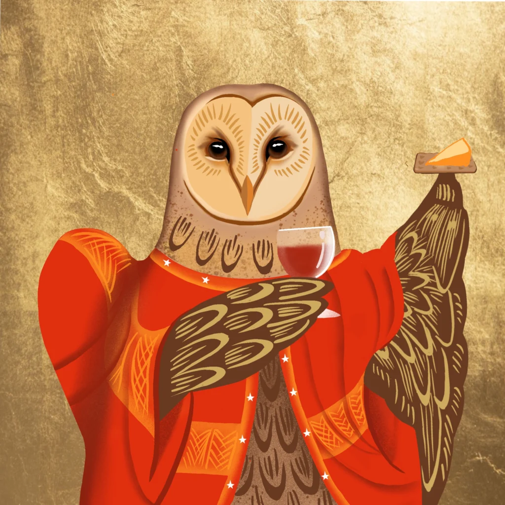 The Owl: a barn owl in a flame-orange robe with white stars holds a glass of port and lifts a cracker with cheese, on gold.