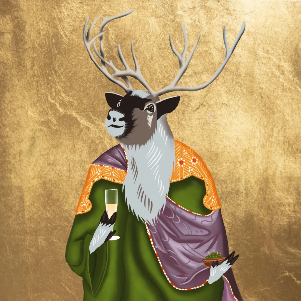 Icon-style portrait on gold: a reindeer with pale antlers in a green robe and lilac drape holds a flute of bubbly and olives.