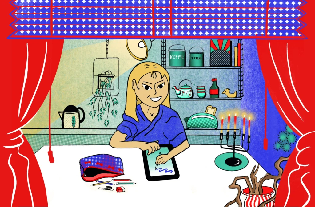 Self-portrait: Loeka at a kitchen table drawing on a tablet, framed by red curtains.