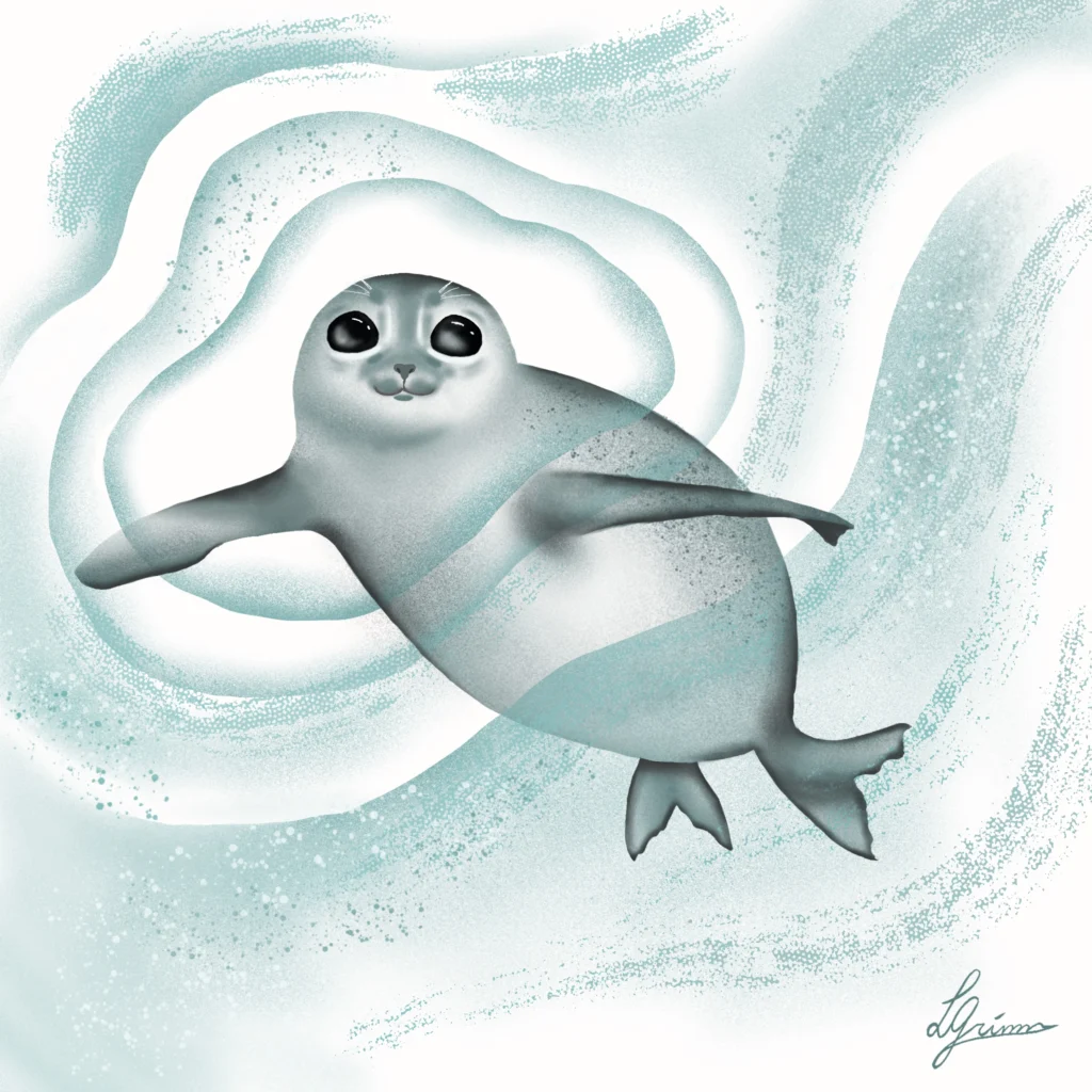A pale grey seal pup swims through swirling turquoise water and looks up with big dark eyes.