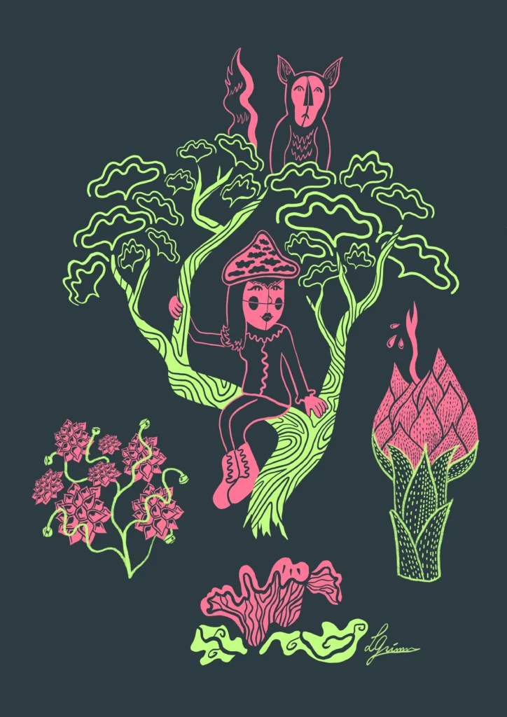 On dark slate, neon green and pink line drawings: a girl in a mushroom hat sits in a tree, a horned animal above, flowers around.