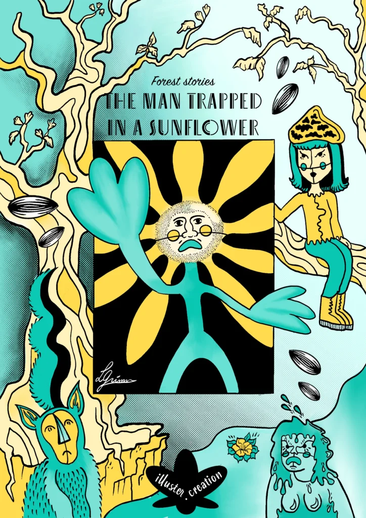 Comic cover ‘Forest stories: The Man Trapped In A Sunflower’: a turquoise figure with a sunflower face, a girl in a mushroom hat.