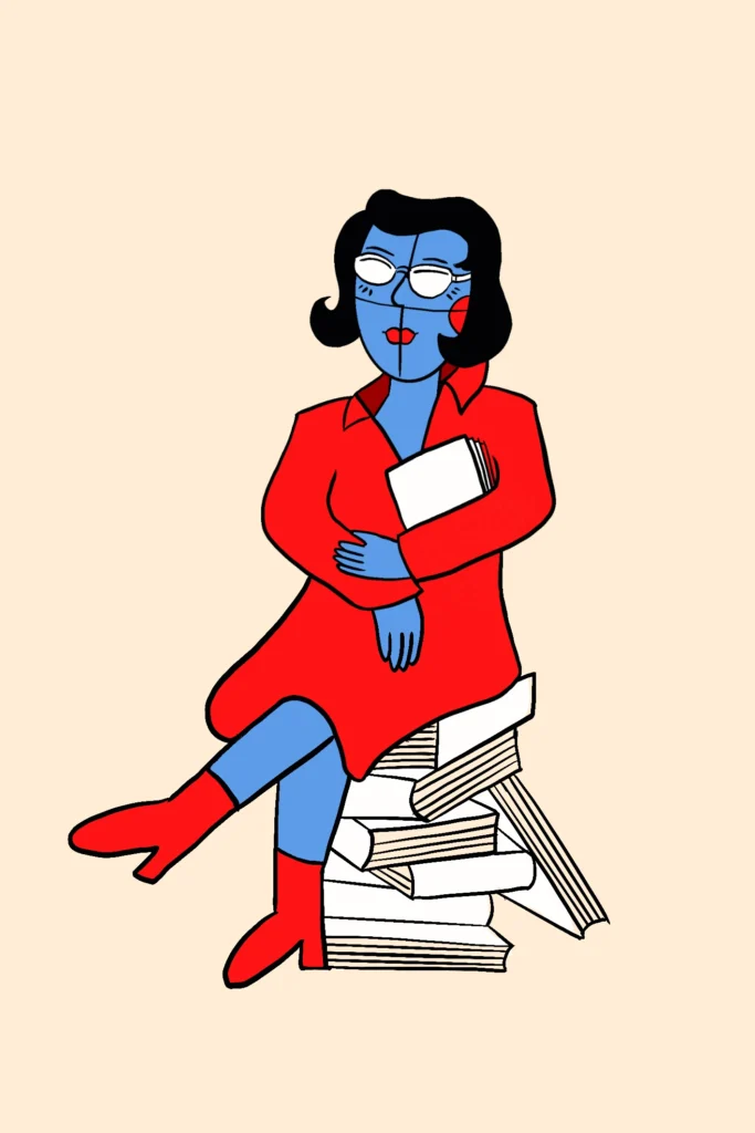 A blue-skinned woman with black curls, white glasses, a red dress and red boots sits on a stack of books, legs crossed.