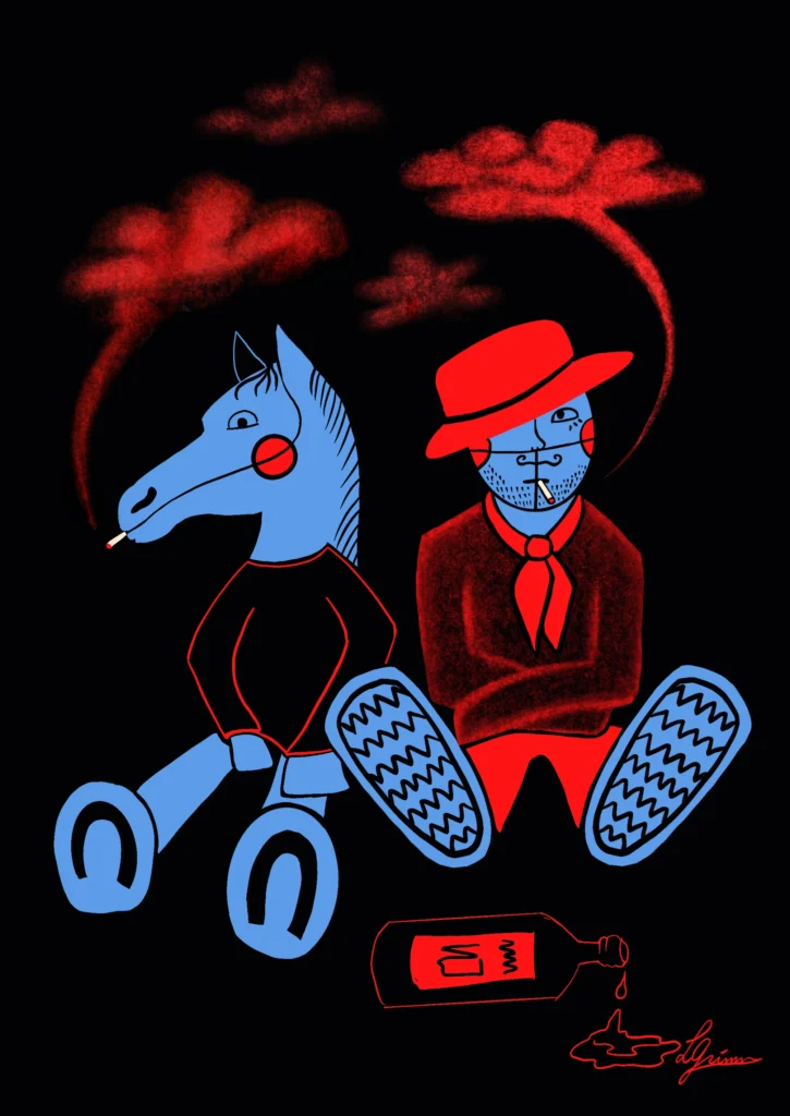 On black, a blue horse and a blue-faced man in a red hat sit smoking under red clouds of smoke beside a tipped bottle.