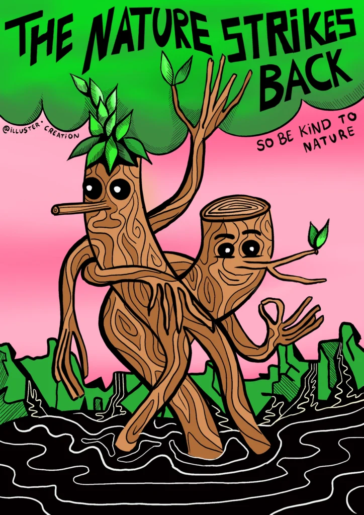 Poster ‘The Nature Strikes Back, so be kind to nature’: two tree-stump figures wade through black water under a pink sky.