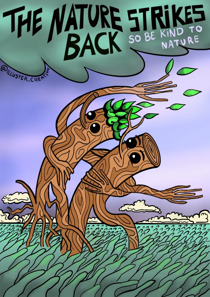 Poster ‘The Nature Strikes Back, so be kind to nature’: two tree-stump figures bend in a gale over a sea of grass, leaves flying.