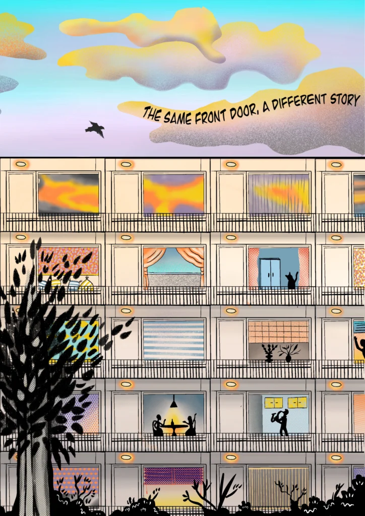 Comic cover: an apartment block with lit windows under a pastel sky, the title The Same Front Door, A Different Story along the roof.