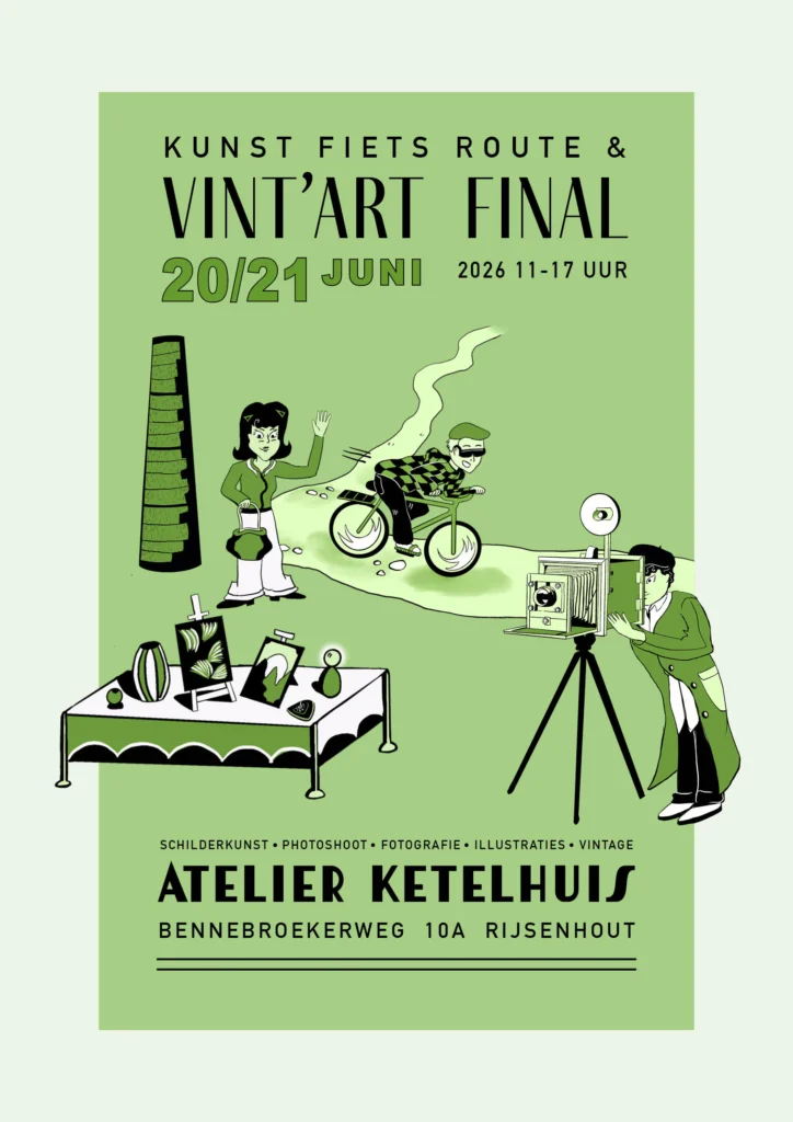 Green poster for Kunst Fiets Route & Vint’art Final, 20/21 June 2026 at Atelier Ketelhuis: a cyclist, a photographer and a table of art.
