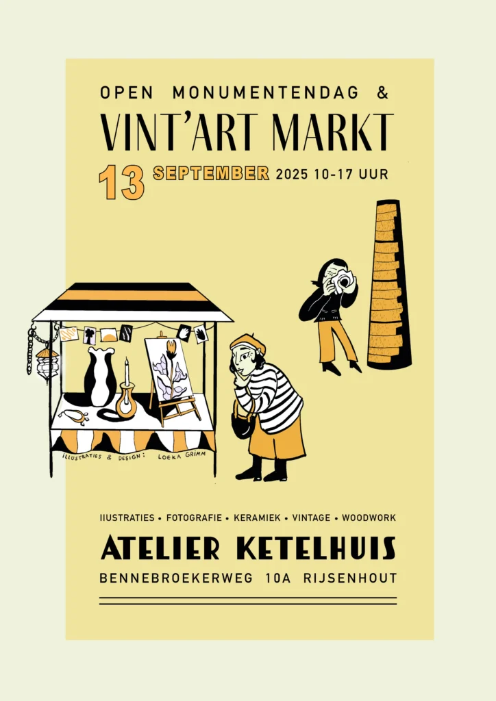 Yellow poster for Open Monumentendag & Vint’art Markt, 13 September 2025 at Atelier Ketelhuis: a market stall, a photographer, a visitor.