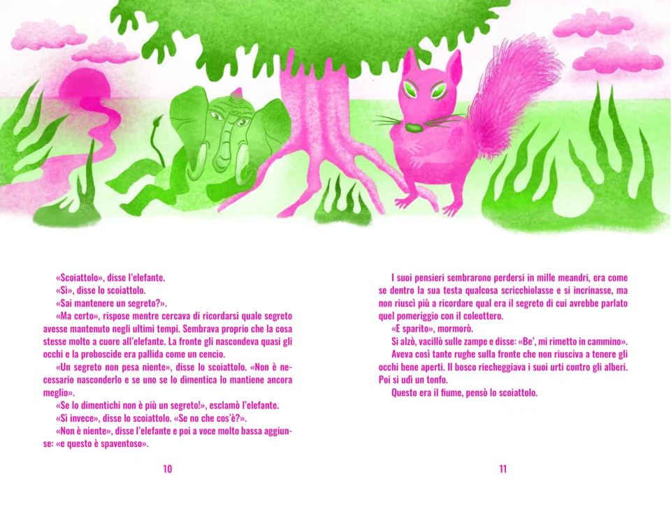 Spread: an elephant and a squirrel under a big pink tree in green grass, above two columns of Italian text.