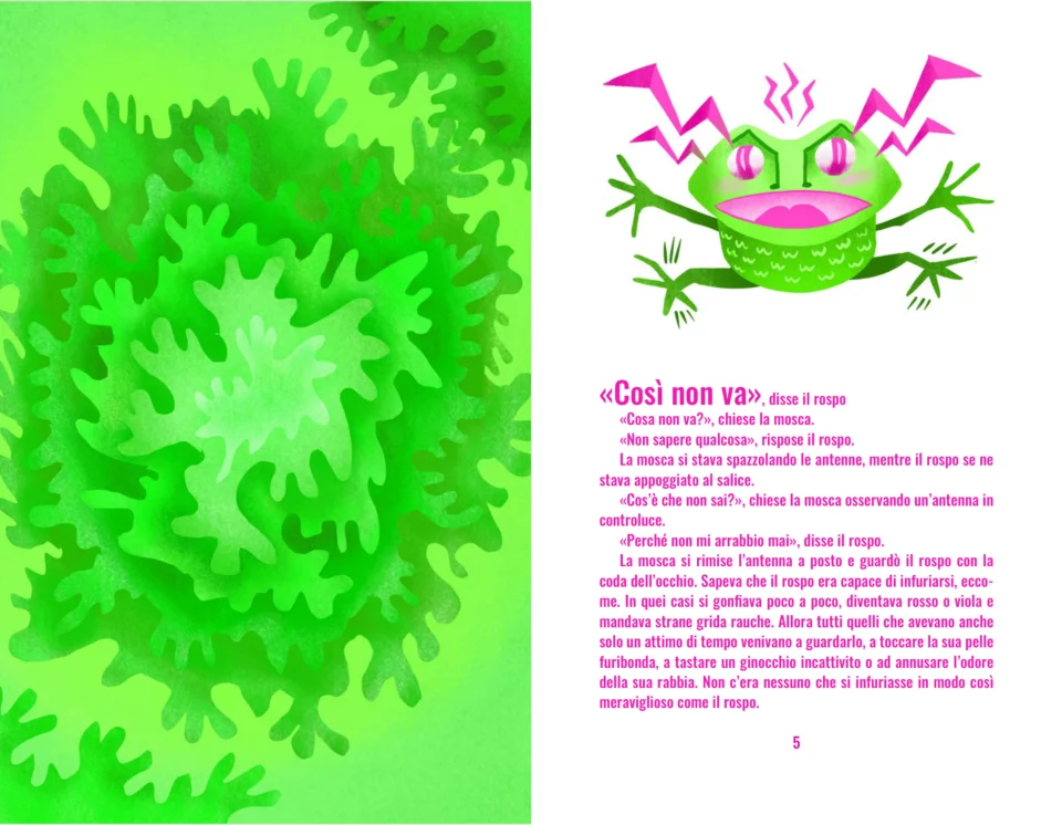 Spread: a green leafy pattern fills the left page; on the right an angry green toad shouts in pink above Italian text.