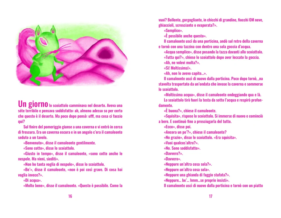 Spread: a green squirrel crosses pink desert dunes, above Italian text.