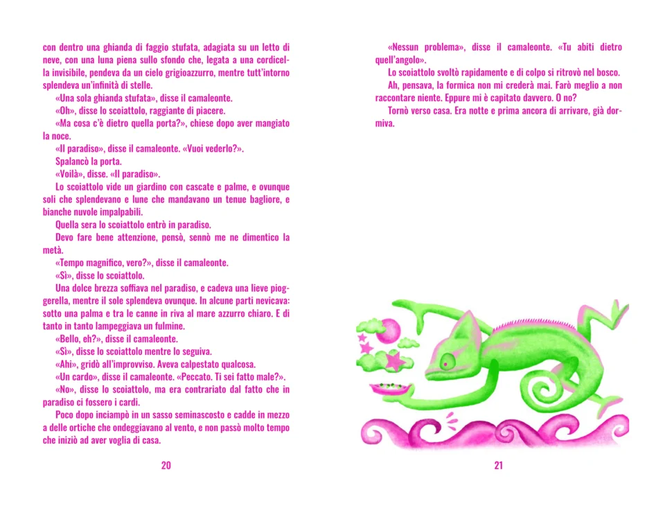 Spread of Italian text with a green chameleon leaping over pink waves.