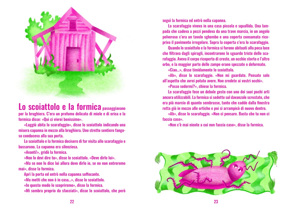 Spread: a pink wooden hut in green grass; a pink beetle lies on its back on a green blanket.