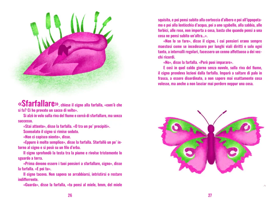 Spread: a pink swan rests among reeds; a pink and green butterfly on the right page.
