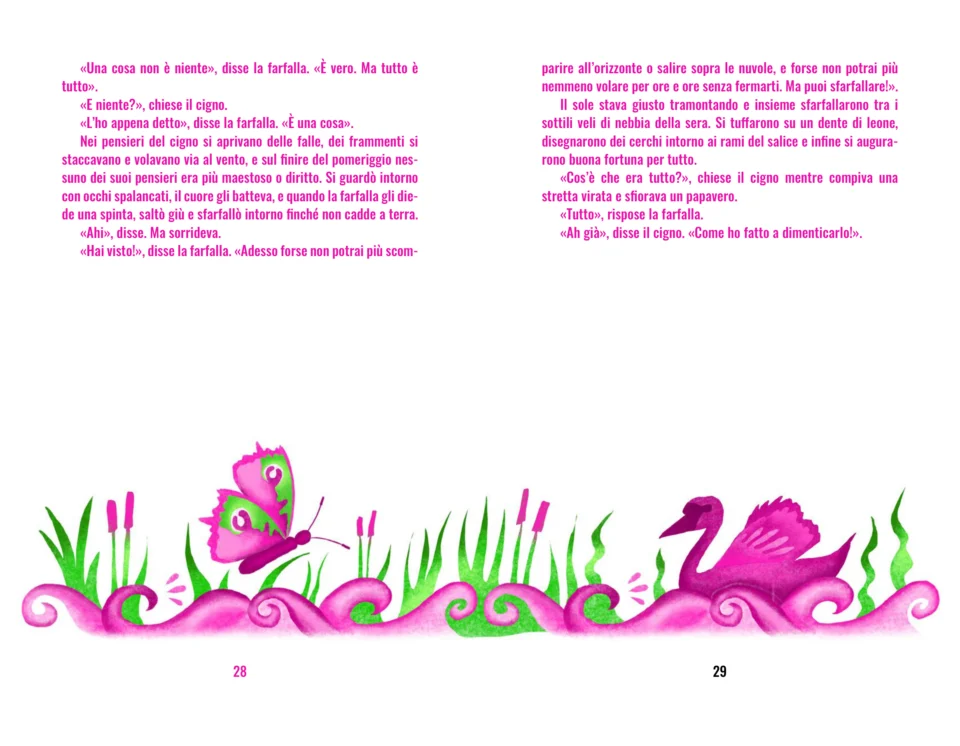 Spread: a butterfly and a pink swan glide over pink waves among the reeds, under Italian text.