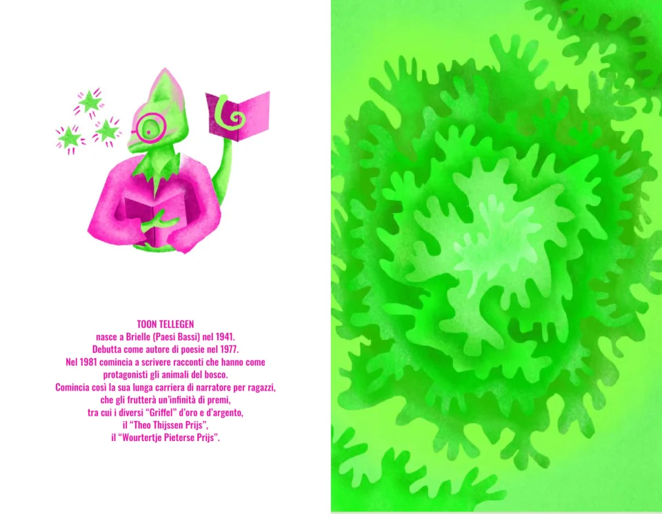 Spread: a green chameleon in a pink cloak reads under green stars beside a short Italian note; a green leafy pattern fills the right page.